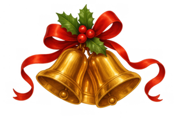 Golden christmas bells hanging from a red ribbon bow with green holly leaves and red berries, transparent background