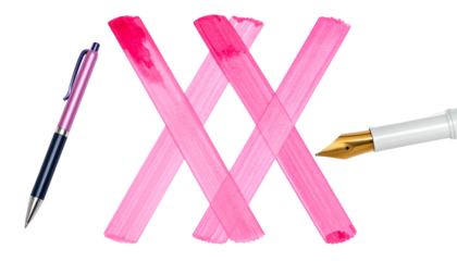 Ink pens frame a watercolor "XX" over transparent black