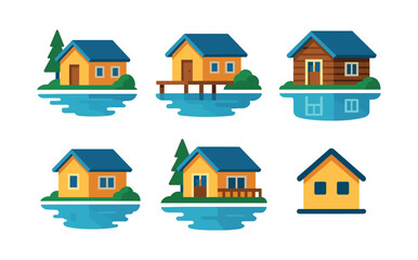 Fototapeta premium Lake house collection, cabins, cottages, flat vector illustration