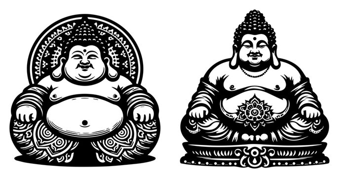 Smiling Buddha statue vector illustration. Happy fat monk deity symbol of luck and prosperity. Asian religion sketch.