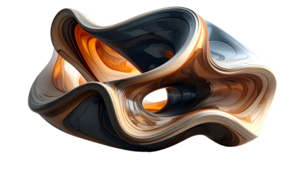 Glossy, abstract, flowing 3D sculpture with layered, curving surfaces and a dark void