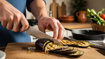 Man slicing grilled eggplant on wooden cutting board in kitchen  