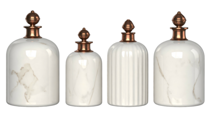 Four decorative bottles of varying sizes with copper tops and marble/ribbed textures
