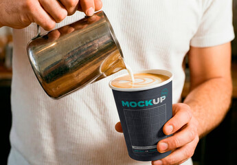 Pouring Milk on Drink Coffee Cup Mockup