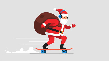Vibrant flat design of Santa Claus, headphones on, joyfully skateboarding with a sack full of gifts, bringing modern holiday cheer at high speed