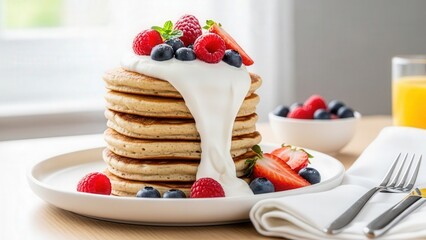 Stack of pancakes topped with yogurt and fresh berries on table  
