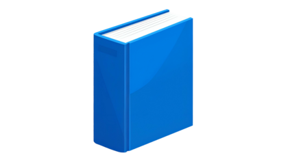 A tilted, blue, closed book with white pages and a subtle shadow on a black background