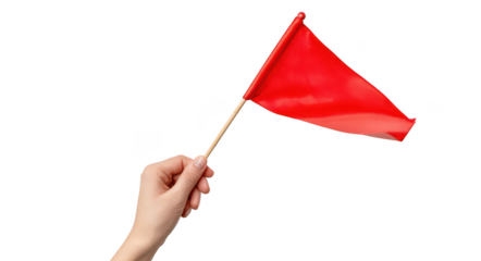 Human hand holding a small plain red flag