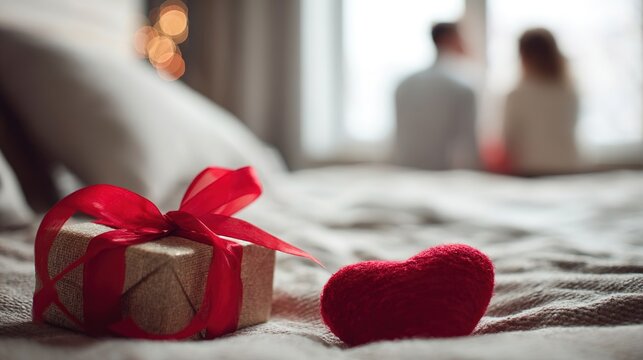 couple, a man and a woman, lying on a white bed in the background in blur, in the foreground is a heart gift box with a red ribbon and bow. Valentine's Day card banner with copy space. indoors hotel.