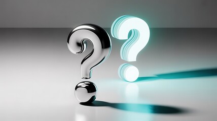Two distinct three dimensional question marks one chrome and one glowing represent contrasting ideas about uncertainty and discovery
