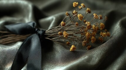 Close-up of delicate dried flowers elegantly wrapped in a black ribbon, resting on a soft olive fabric backdrop, illuminated by warm directional light for a serene ambiance
