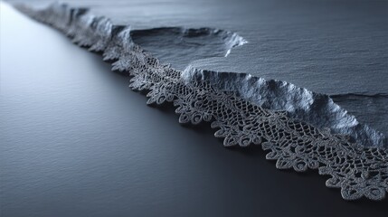 Close-up detail of intricate black mourning veil lace elegantly draped over a smooth slate surface, enhanced by soft cool lighting and dramatic shadows for a somber atmosphere