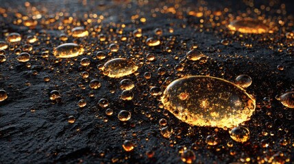Macro shot of glistening candle wax droplets on a dark stone surface, illuminated by soft golden rim light, showcasing intricate textures and ambient warmth