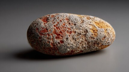 Smooth river stone with natural textures and vibrant colors placed on a soft grey gradient background, creating a serene and calming atmosphere with copy space