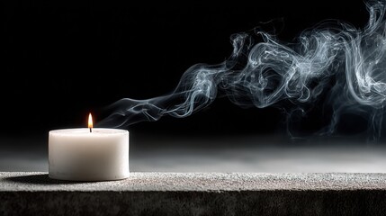 White candle with flickering flame and delicate smoke trails rising against a dark neutral surface, creating a serene and tranquil atmosphere for relaxation or meditation