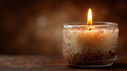 Close-up of a lit memorial candle in a frosted glass holder, casting a warm glow against a soft brown gradient backdrop, evoking a serene and reflective atmosphere