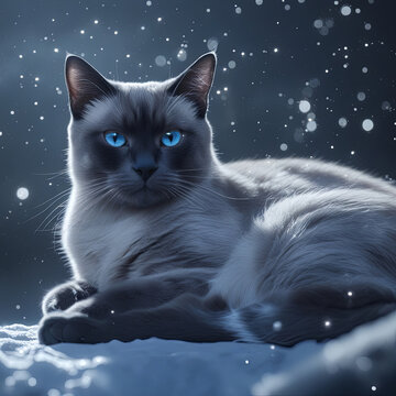 Chat myst&eacute;rieux aux yeux bleus dans la nuit neigeuse, ambiance hivernale f&eacute;erique et lumineuse