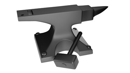 Mockup of a black anvil and a black hammer on a transparent background