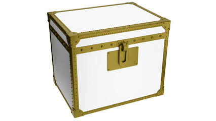 A mockup of a white chest with iron corners and rivets for storing cosmetics and other personal care products on a transparent background.