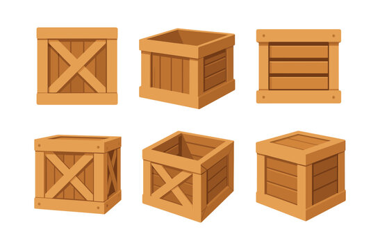 Wooden crates collection, flat vector illustration, shipping, storage boxes