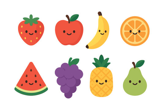 Cute fruit collection, smiling faces, flat vector illustration, cheerful design