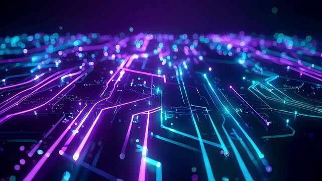 未来都市のネオンネットワークを流れるデータ光流