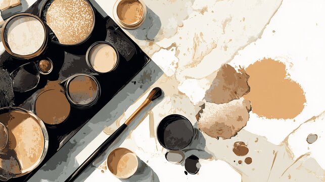 Neutral toned makeup palette and loose powder with brush on white