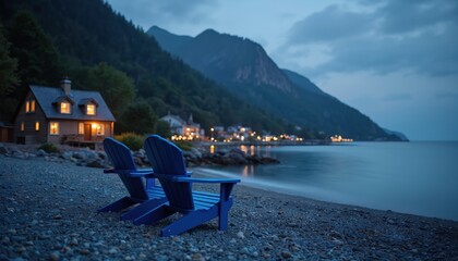 Fototapeta premium Twilight scene with empty blue chairs facing calm water. Small cottage and village lights glow near forested mountains. Pebble beach and serene lake views create peaceful atmosphere. Escape to nature.
