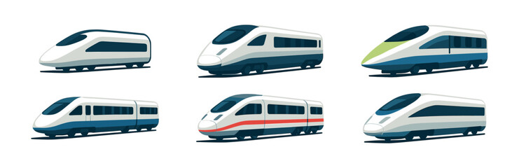 Modern train collection, flat vector illustration of high-speed and passenger trains