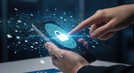Banking security concept: digital padlock, fingerprint scan, encrypted vault, safe deposit, reliable protection, cyber defense, financial safeguard, trust system, secure data, privacy shield,