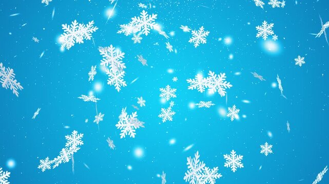 Festive blue New Year background with various white snowflakes softly falling and swirling, creating a cozy and magical winter atmosphere perfect for holiday greetings