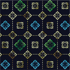 Geometric floral motifs pattern with dashed lines