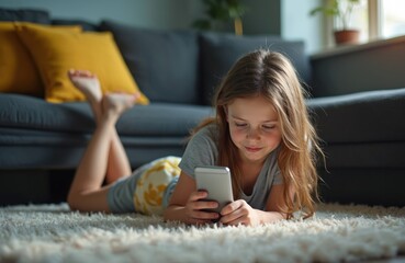 Young girl lies on fuzzy carpet using phone. She smiles while playing game or texting on device. Child relaxes on floor near sofa with yellow pillows watching screen.