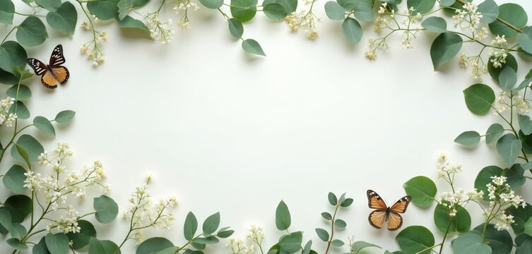 Green eucalyptus branches with tiny white flowers and butterflies frame a light background. Natural border created with fresh foliage and insects. Clean minimalist composition for design.