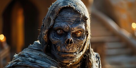 Ancient mummified wraith with a haunting gaze, tattered robes, and decaying face. Glowing eyes pierce the forgotten tomb's deep darkness. Mysterious spectral being.