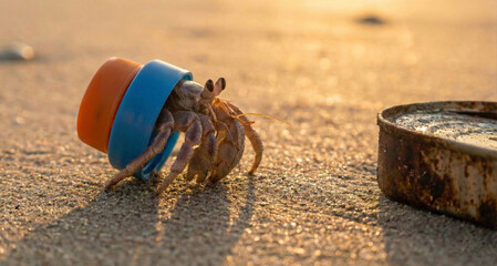 Hermit crab using plastic bottle caps as a shell on a sandy beach at sunset. Environmental pollution concept.