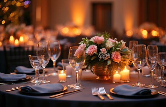 Elegant table setting with floral arrangement and candles for a formal dinner party. Place settings include glassware, plates, and cutlery for a festive gathering in a dimly lit room.