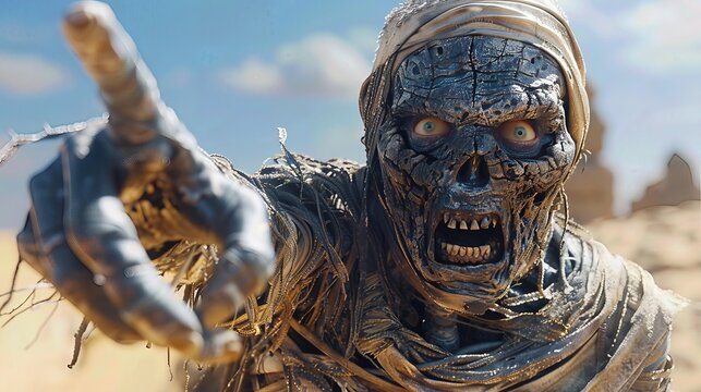 Ancient horror creature lurching from the vast arid desert, a terrifying Egyptian mummy with withered skin, eerie glowing eyes, gaping mouth, menacingly extending a bandaged arm.