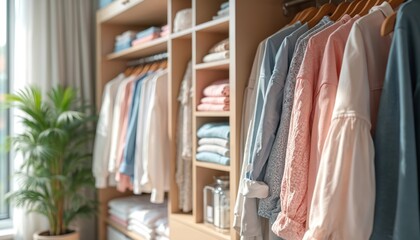Organized closet with neatly hung clothes on hangers, folded garments on shelves. Large potted plant sits near window adding natural decor to tidy wardrobe space. Scene offers clean, orderly feeling.