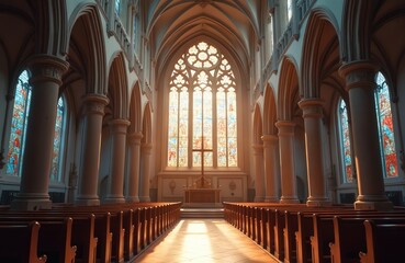 Grand church interior view with rows of wooden pews leading to altar beneath large rose stained glass window. Light streams through colorful glass, illuminating architecture, creating peaceful,