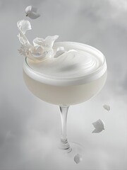 Cloud Dancer 2026 ethereal cocktail: creamy white drink with dynamic splash crown and floating flower petals in elegant coupe glass, perfect for luxury beverage campaigns and wedding concepts