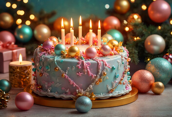 Festive Christmas cake with candles. Generative AI