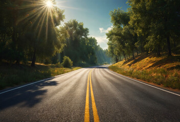 Asphalt road at sun day. Generative AI