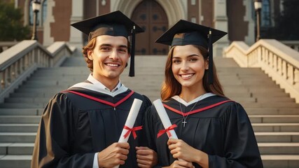 Happy student couple on graduation day. Graduates in caps and gowns holding diplomas at a university. Academic achievement and success concept - Powered by Adobe