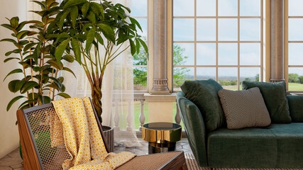 Naklejka premium Large luxury modern bright interiors Living room mockup illustration 3D rendering image