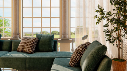 Naklejka premium Large luxury modern bright interiors Living room mockup illustration 3D rendering image