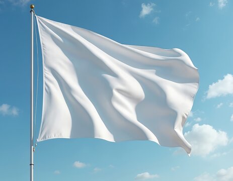 White flag waves on pole against clear blue sky with clouds. Empty fabric symbolizes peace surrender truce agreement or neutrality. Represents calm hope.