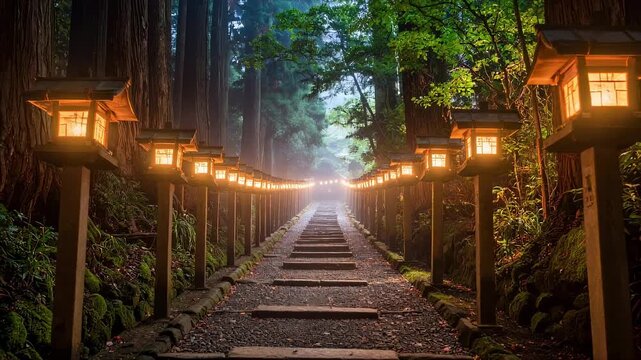 灯籠の明かりが続く霧の参道 ローアングル 迫力