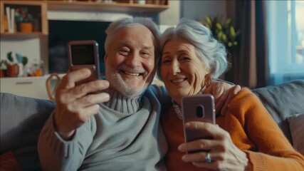 Warm-hearted older couple taking a selfie with cell phones, smiling together in their living room, symbolizing love and happiness.