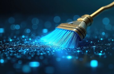 Broom sweeps glowing blue digital particles on dark background. Concept for data cleanup, system optimization, cybersecurity or tech innovation. Represents cleaning process.